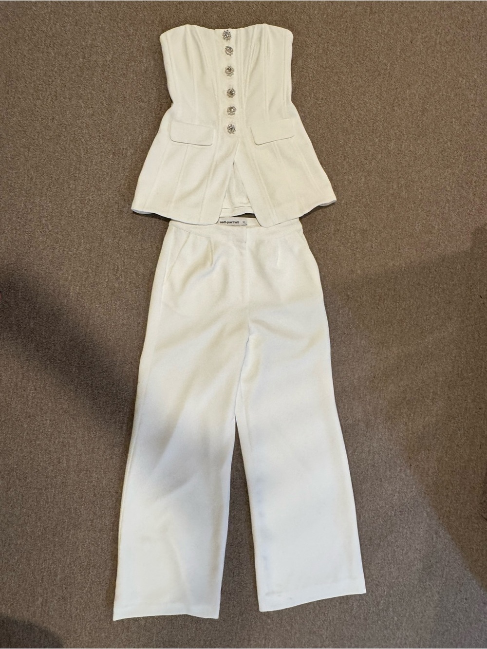 Self-Portrait White Strapless Corset Top with Wide-Leg Pants